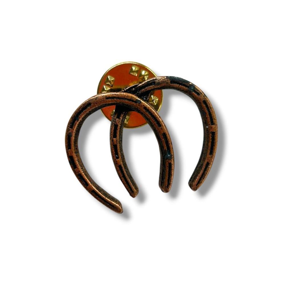 2 Equestrian Theme Lapel Pins Copper Color Horseshoes 1" Saddle 1.6" - Picture 3 of 5